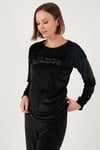 Standart Fit Bisiklet Yaka Yumuşak Kadife Kadın Pijama Takımı 6094202 SİYAH