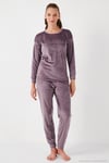 Standart Fit Bisiklet Yaka Yumuşak Kadife Kadın Pijama Takımı 6094202 LİLA