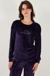 Standart Fit Bisiklet Yaka Yumuşak Kadife Kadın Pijama Takımı 6094201 KOYU MOR