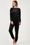Standart Fit Bisiklet Yaka Yumuşak Kadife Kadın Pijama Takımı 6094201 SİYAH