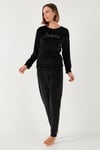 Standart Fit Bisiklet Yaka Yumuşak Kadife Kadın Pijama Takımı 6094202 SİYAH