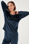 Standart Fit Bisiklet Yaka Yumuşak Kadife Kadın Pijama Takımı 6094202 LACİVERT