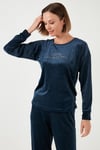 Standart Fit Bisiklet Yaka Yumuşak Kadife Kadın Pijama Takımı 6094201 LACİVERT