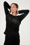 Standart Fit Bisiklet Yaka Yumuşak Kadife Kadın Pijama Takımı 6094201 SİYAH