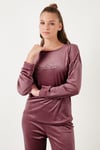 Standart Fit Bisiklet Yaka Yumuşak Kadife Kadın Pijama Takımı 6094201 PUDRA
