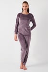 Standart Fit Bisiklet Yaka Yumuşak Kadife Kadın Pijama Takımı 6094202 LİLA