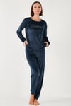 Standart Fit Bisiklet Yaka Yumuşak Kadife Kadın Pijama Takımı 6094202 LACİVERT