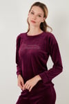 Standart Fit Bisiklet Yaka Yumuşak Kadife Kadın Pijama Takımı 6094202 MOR