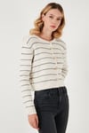 Standart Fit Çizgili Yumuşak Dokulu Crop Triko Kadın Hırka 4615551 TAŞ
