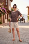 Standart Fit Drape Detaylı Yarasa Kol Kadın T Shirt 5866962 KAHVE