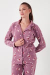 Standart Fit Düğmeli Polarlı Kadın Pijama Takımı 6095615 LİLA