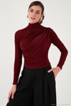 Streç Büzgü Detaylı Slim Fit Dik Yaka Kadın Bluz 669925 BORDO