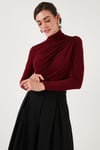 Streç Büzgü Detaylı Slim Fit Dik Yaka Kadın Bluz 669925 BORDO