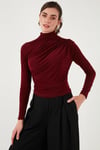 Streç Büzgü Detaylı Slim Fit Dik Yaka Kadın Bluz 669925 BORDO