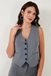 Streç Fitted Fit V Yaka Düğmeli Kadın Yelek 5865971 FÜME