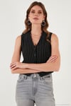 Streç Fitted Fit V Yaka Düğmeli Kadın Yelek 5865971 SİYAH-BEYAZ