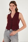 Streç Fitted Fit V Yaka Düğmeli Kadın Yelek 5865971 BORDO