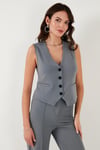 Streç Fitted Fit V Yaka Düğmeli Kadın Yelek 5865971 FÜME