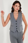 Streç Fitted Fit V Yaka Düğmeli Kadın Yelek 5865971 FÜME