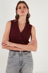 Streç Fitted Fit V Yaka Düğmeli Kadın Yelek 5865971 BORDO