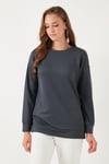 Streç Oversize Fit Bisiklet Yaka Modal Kumaş Kadın Sweat 5865877 FÜME