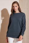 Streç Oversize Fit Bisiklet Yaka Modal Kumaş Kadın Sweat 5865877 FÜME