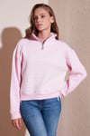 Streç Oversize Fit Yarım Fermuarlı Dik Yaka Kadın Sweat 5865883 Şeker Pembe