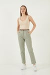 Streç Pamuklu Regular Fit Yüksek Bel Düz Kısa Paça Kemerli Kadın Pantolon 668YP5335 AÇIK HAKİ
