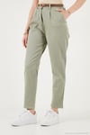 Streç Pamuklu Regular Fit Yüksek Bel Düz Kısa Paça Kemerli Kadın Pantolon 668YP5335 AÇIK HAKİ