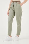 Streç Pamuklu Regular Fit Yüksek Bel Düz Kısa Paça Kemerli Kadın Pantolon 668YP5335 AÇIK HAKİ