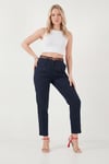 Streç Pamuklu Regular Fit Yüksek Bel Düz Kısa Paça Kemerli Kadın Pantolon 668YP5335 LACİVERT