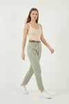 Streç Pamuklu Regular Fit Yüksek Bel Düz Kısa Paça Kemerli Kadın Pantolon 668YP5335 AÇIK HAKİ