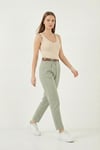 Streç Pamuklu Regular Fit Yüksek Bel Düz Kısa Paça Kemerli Kadın Pantolon 668YP5335 AÇIK HAKİ