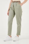 Streç Pamuklu Regular Fit Yüksek Bel Düz Kısa Paça Kemerli Kadın Pantolon 668YP5335 AÇIK HAKİ