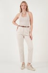 Streç Pamuklu Regular Fit Yüksek Bel Düz Kısa Paça Kemerli Kadın Pantolon 668YP5335 TAŞ