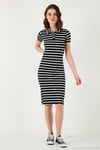 Streç Slim Fit Düğmeli Polo Yaka Kısa Kollu Mini Boy Çizgili Kadın Elbise 5866167 SİYAH-BEYAZ