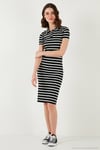 Streç Slim Fit Düğmeli Polo Yaka Kısa Kollu Mini Boy Çizgili Kadın Elbise 5866167 SİYAH-BEYAZ