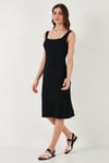 Streç Slim Fit Kare Yaka Kalın Askılı Midi Boy Kadın Elbise 5866102 SİYAH