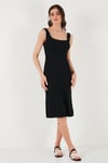 Streç Slim Fit Kare Yaka Kalın Askılı Midi Boy Kadın Elbise 5866102 SİYAH
