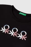 United Colors Of Benetton Pamuklu Simli Logo Baskılı Regular Fit Bisiklet Yaka Kız Çocuk T Shirt 3I1XC10MZ SİYAH