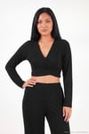 V Yaka Kruvaze Bağlamalı Crop Üst ve Jogger Alt Kadın Pijama Takımı 65780019 SİYAH