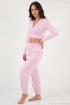 V Yaka Kruvaze Bağlamalı Crop Üst ve Jogger Alt Kadın Pijama Takımı 65780019 PEMBE