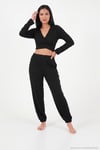 V Yaka Kruvaze Bağlamalı Crop Üst ve Jogger Alt Kadın Pijama Takımı 65780019 SİYAH