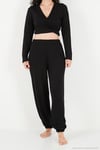 V Yaka Kruvaze Bağlamalı Crop Üst ve Jogger Alt Kadın Pijama Takımı 65780019 SİYAH