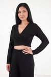 V Yaka Kruvaze Bağlamalı Crop Üst ve Jogger Alt Kadın Pijama Takımı 65780019 SİYAH