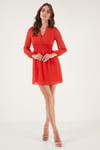 V Yaka Regular Fit Gipeli Düğme Detaylı Şifon Mini Abiye Kadın Elbise 611EL01433 ORANGE