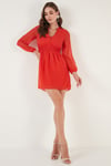 V Yaka Regular Fit Gipeli Düğme Detaylı Şifon Mini Abiye Kadın Elbise 611EL01433 ORANGE