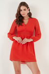 V Yaka Regular Fit Gipeli Düğme Detaylı Şifon Mini Abiye Kadın Elbise 611EL01433 ORANGE