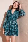 V Yaka Regular Fit Gipeli Düğme Detaylı Şifon Mini Abiye Kadın Elbise 611EL01433 Mavi-Siyah
