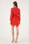 V Yaka Regular Fit Gipeli Düğme Detaylı Şifon Mini Abiye Kadın Elbise 611EL01433 ORANGE